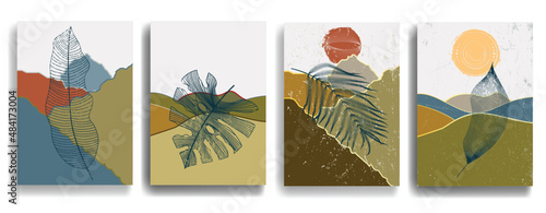 Mountain silhouettes with sun.  Rocky peaks in sunset.  Splatter Paint Texture . Distress Grunge background .Abstract vector.