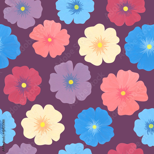 Watercolor flowers in vintage style. Seamless floral pattern on purple background. Hand drawn illustration.