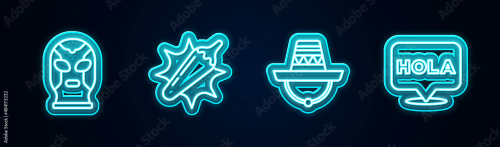 Set line Mexican wrestler, Hot chili pepper pod, sombrero and Hola. Glowing neon icon. Vector