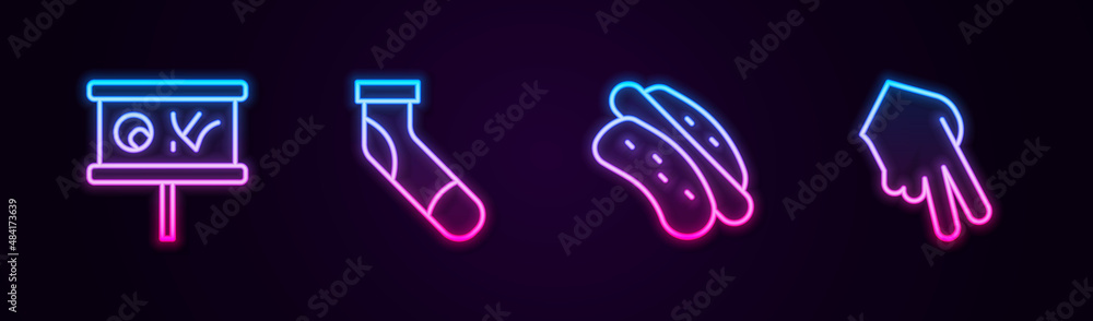 Set line Planning strategy, Baseball sock, Hotdog sandwich and glove. Glowing neon icon. Vector Set line Planning strategy, Baseball sock, Hotdog sandwich and glove. Glowing neon icon. Vector