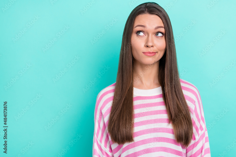 Portrait of attractive cheery girly girl overthinking copy space conclusion isolated over shine teal turquoise color background Portrait of attractive cheery girly girl overthinking copy space conclusion isolated over shine teal turquoise color background