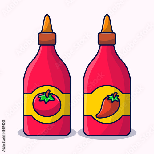 Tomato and chili sauce illustration with colored hand drawn doodle style