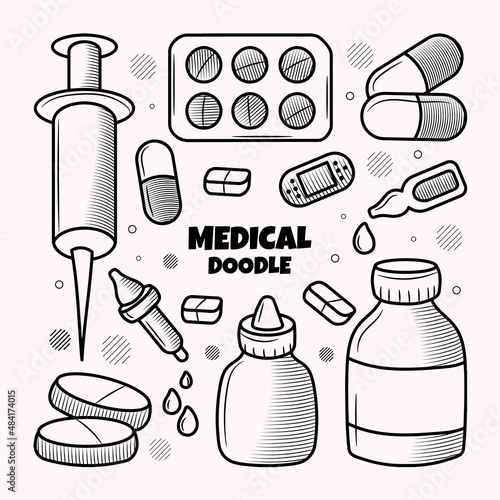 Medical Element set with hand drawn doodle outline illustration