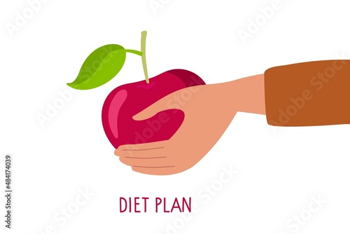 Human hand holding large red apple. Inscription Diet plan. Healthy lifestyle planning, weight loss diets. Healthy food, diet, vegeterian, vitamin. Colored flat Vector illustration isolated on white.