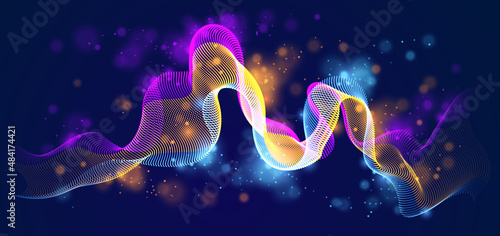 3d particles mesh array  sound wave flowing over dark background. Shining points vector effect illustration. Blended mesh  3d futuristic technology style.