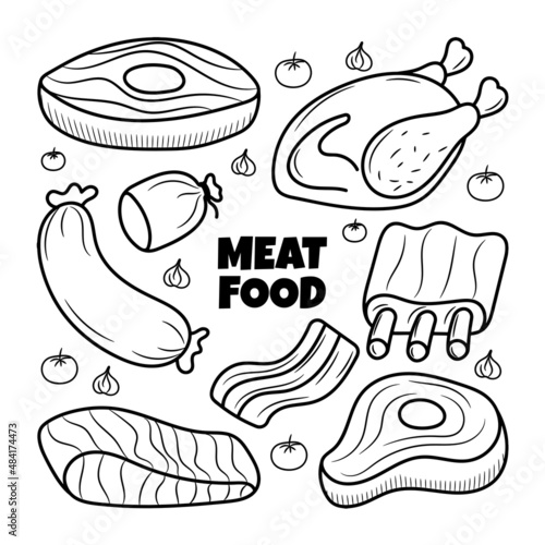 Meat food element set with hand drawn doodle outline illustration