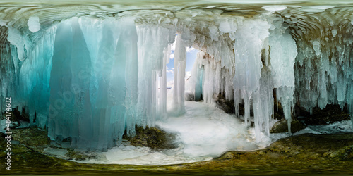Ice cave grotto on Olkhon Island, Lake Baikal, covered with icicles. Spherical panorama 360vr