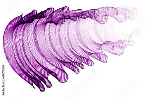 3d particles mesh array, sound wave flowing, transparent tulle textile on wind. Round points vector effect illustration. Blended mesh, calming relaxing wallpaper.