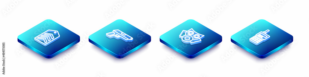 Set Isometric line Chevron, Pistol or gun, Gas mask and Walkie talkie icon. Vector Set Isometric line Chevron, Pistol or gun, Gas mask and Walkie talkie icon. Vector