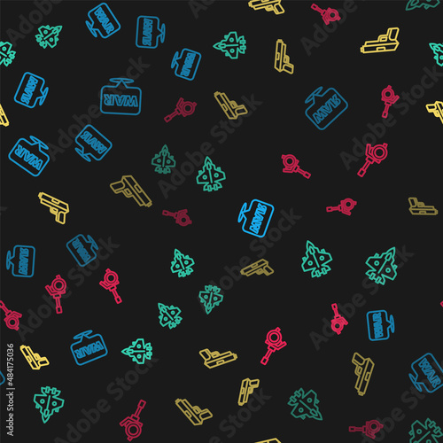 Set line The word war, Jet fighter, Pistol gun and Howitzer on seamless pattern. Vector