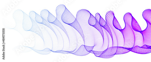 3d particles mesh array, transparent tulle textile on wind flowing. Round points vector effect illustration. Blended mesh, 3d calming tranquil wallpaper.