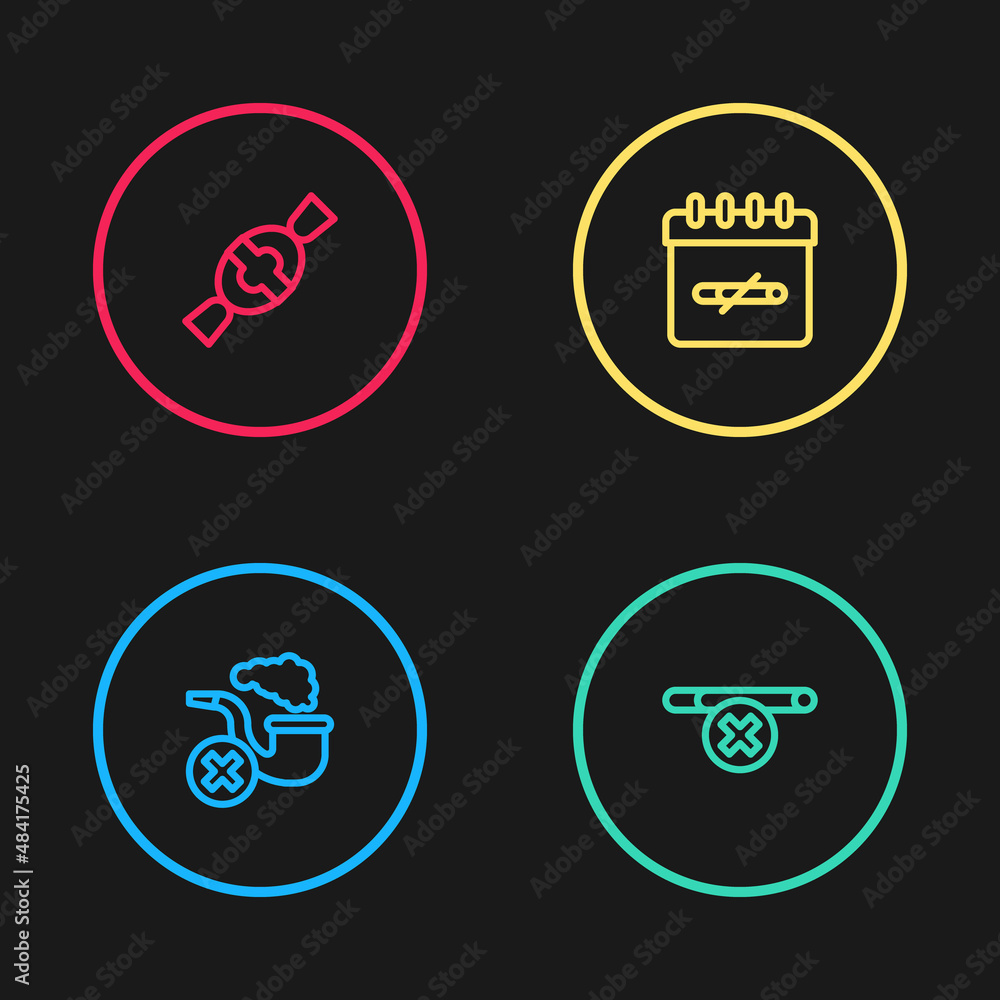 Set line Smoking pipe with smoke, No smoking, days and Candy icon. Vector Set line Smoking pipe with smoke, No smoking, days and Candy icon. Vector