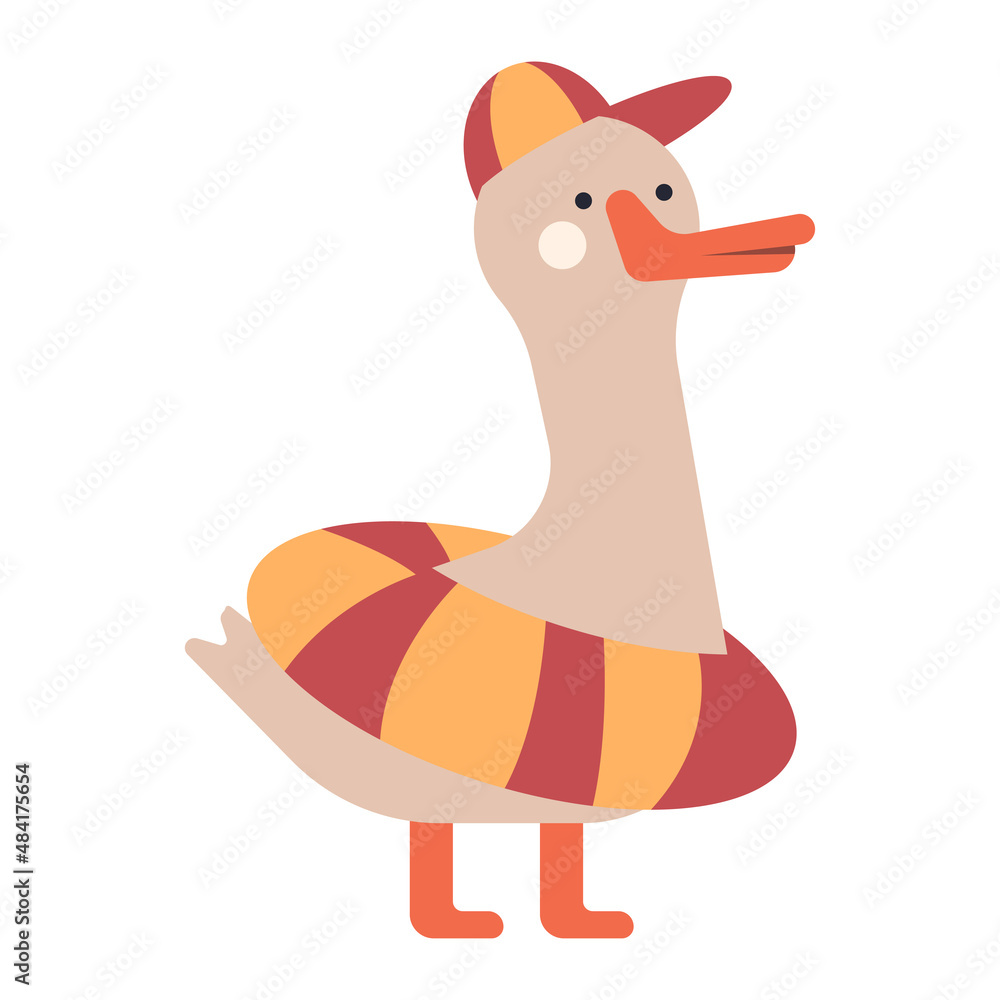 Fototapeta premium Cute goose with lifebuoy vector cartoon character illustration isolated on a white background.
