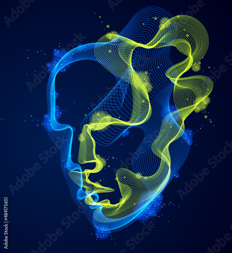 Dotted particles human portrait, abstract human head vector wave shapes array, Artificial Intelligence, pc programming software interface, digital soul.