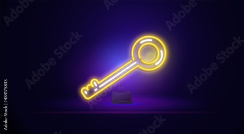 Key neon sign. A glowing sign with a key trinket on a stand. Night bright advertising. Vector illustration in neon style for real estate, mortgages, housing