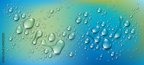 Water rain drops or condensation over blurred green nature background beyond the window, realistic transparent 3d vector illustration, easy to put over any background.