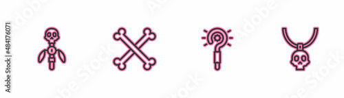 Set line Magic staff, wand, Crossed human bones and Necklace amulet icon. Vector