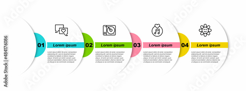 Set line Speech bubble chat, Vinyl player, disk and Flower. Business infographic template. Vector