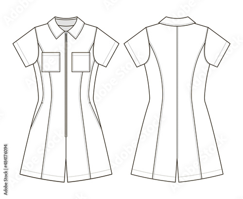 Fashion technical drawing of zipped jumpsuit with collar and short sleeves