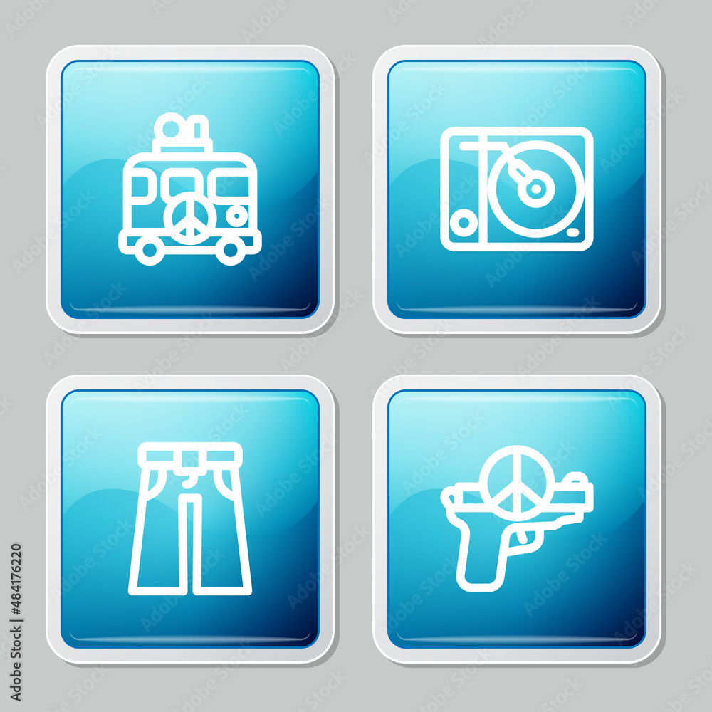 Set line Hippie camper van, Vinyl player, Jeans wide and No war icon. Vector Set line Hippie camper van, Vinyl player, Jeans wide and No war icon. Vector