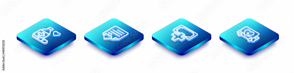 Set Isometric line Medicine bottle and pills, Envelope with heart, Donation charity and Humanitarian truck icon. Vector Set Isometric line Medicine bottle and pills, Envelope with heart, Donation charity and Humanitarian truck icon. Vector