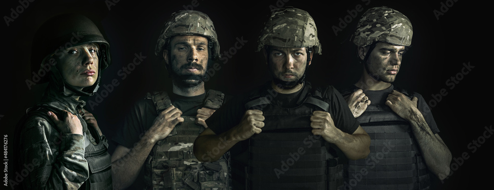 Conceptual collage with young male and female soldiers isolated on dark background. Men and woman in military uniform on war.