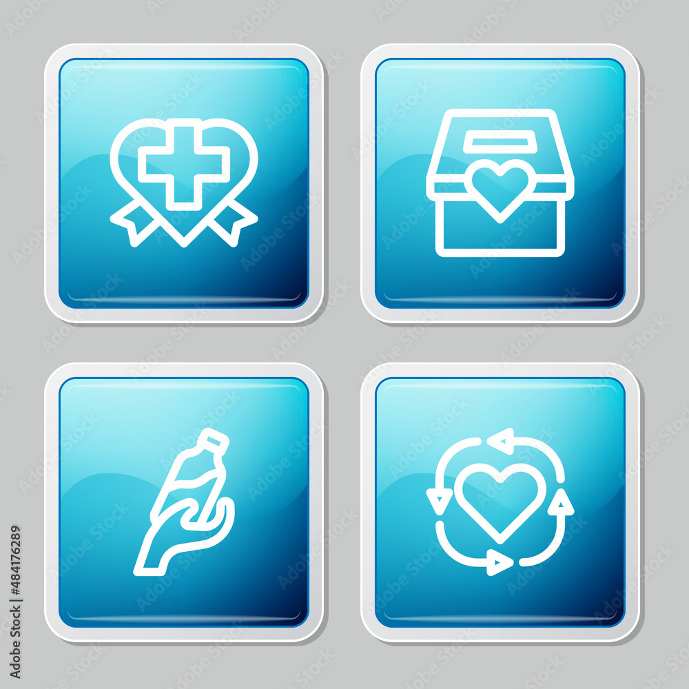 Set line Heart with cross, Donation and charity, water and Volunteer icon. Vector Set line Heart with cross, Donation and charity, water and Volunteer icon. Vector