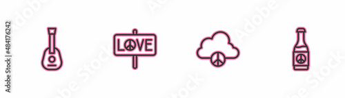 Set line Guitar, Peace cloud, and Beer bottle icon. Vector
