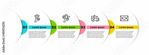 Set line Shelter for homeless, Leaf in hand, Ambulance car and Envelope with heart. Business infographic template. Vector