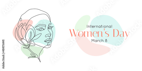 International women's day greeting card. Woman face with flower in one continuous line drawing. Abstract female portrait in simple linear style. Doodle Vector illustration for 8 march