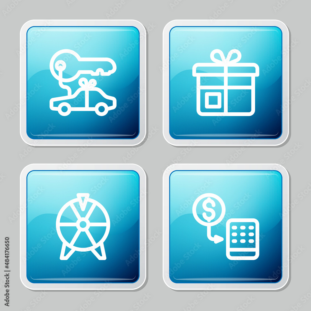 Set line Car gift, Gift box, Lucky wheel and Casino chips exchange icon. Vector Set line Car gift, Gift box, Lucky wheel and Casino chips exchange icon. Vector