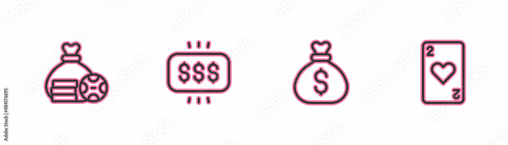 Set line Money bag, prize in casino and Playing card with heart icon. Vector Set line Money bag, prize in casino and Playing card with heart icon. Vector