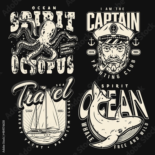 Vintage marine emblems with whale and octopus, ship and sea captain head with smoking pipe in monochrome style. Emblem for t-shirts isolated vector