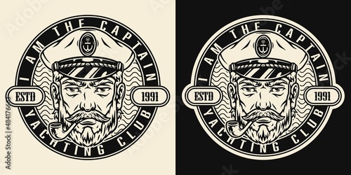 Monochrome sailor smoking pipe, marine label with sea captain hat isolated vintage vector