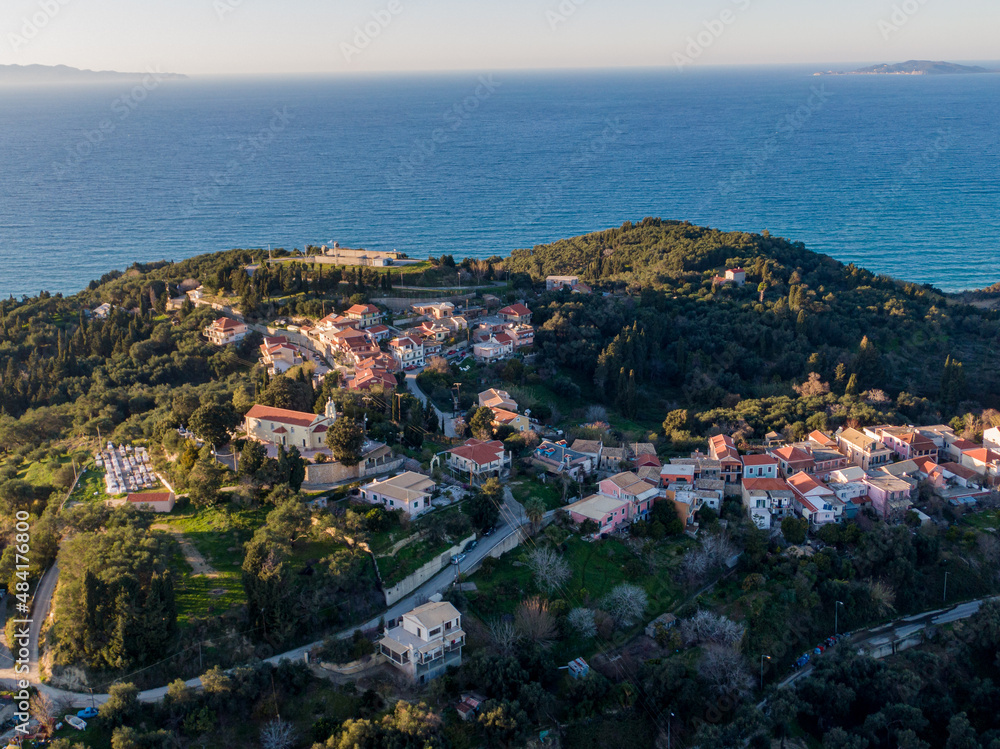 Aerial droen view of  Avliotes village in corfu island greece
