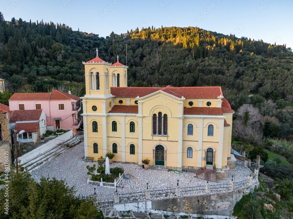 Aerial drone view of  magoulades village in corfu greece