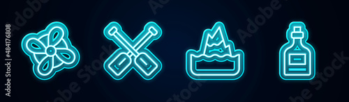 Set line Boat propeller, Paddle, Iceberg and Rum bottle. Glowing neon icon. Vector