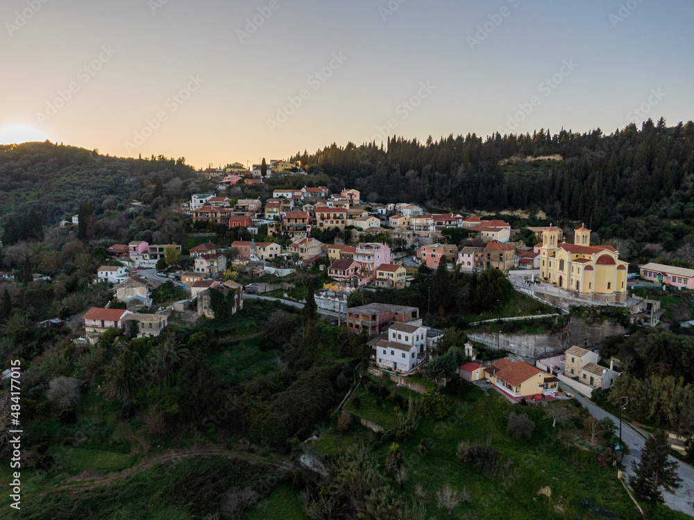 Aerial drone view of  magoulades village in corfu greece