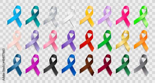 Set of realistic different color ribbon awareness ribbons. Elements for design. Vector ribbon various colors isolated on white background