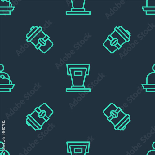 Set line Stage stand, Coffee cup to go and Gives lecture on seamless pattern. Vector