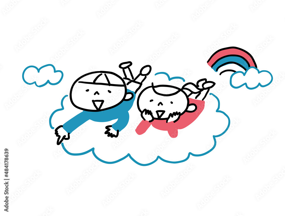 雲に乗っている男の子と女の子 雲に乗っている男の子と女の子