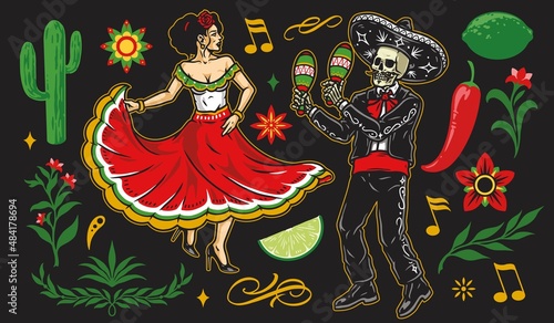 Mexican characters vintage stickers set