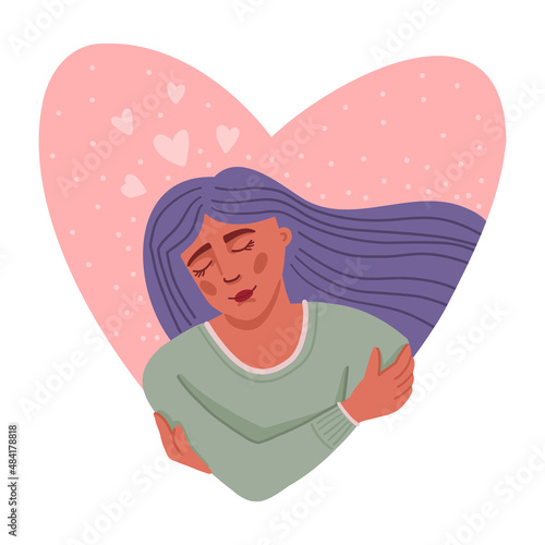 Illustration of a girl hugging herself. Love, care and self-acceptance. Mental health. Simple cute style.