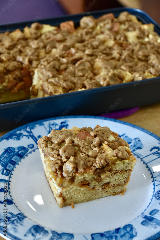 French Toast Casserole with One Slice on Plate, Portrait French Toast Casserole with One Slice on Plate, Portrait