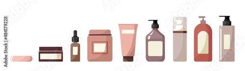 Big set of isolated cosmetic beauty products on white background. Jars, bottles, tubes, dispensers. Templates for your design. Natural skin care products. Stock vector illustration in flat style.