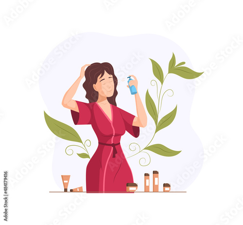 Female applying skincare hydration lotion, doing makeup use beauty spa cosmetics vector cartoon