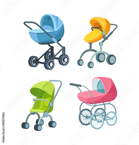 Childish colorful folding stroller, buggy, baby carriage, child wagon, infant transport