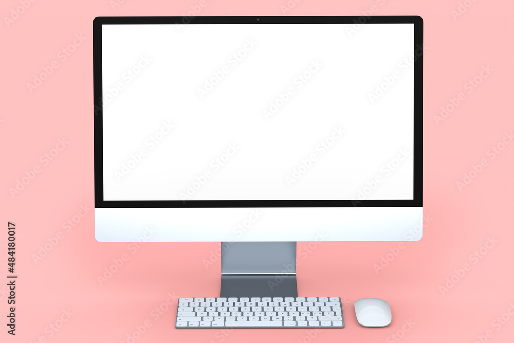 Realistic grey computer screen display with keyboard and mouse isolated on pink Realistic grey computer screen display with keyboard and mouse isolated on pink