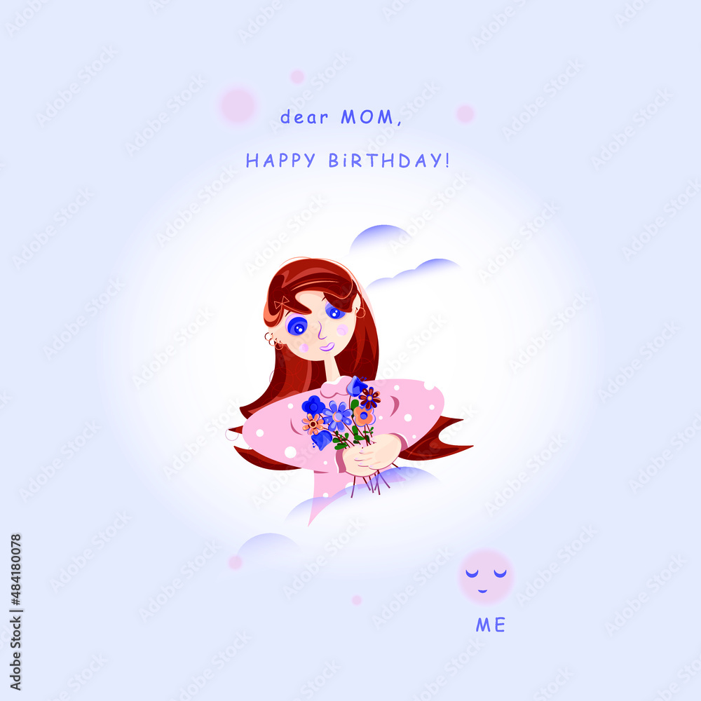 Card devoted to mother's birthday, a vector girl holding a flower bouquet and congratulating her mommy with b-day, a young daughter with flowers who is going to gift them to her mom. 