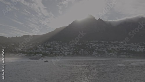 Aerial view of Camps Bay and Table Mountain, South Africa, D-Log